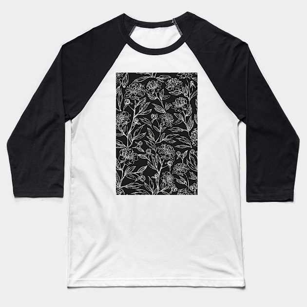 Black and White Sketched Peonies Baseball T-Shirt by JaanaHalme